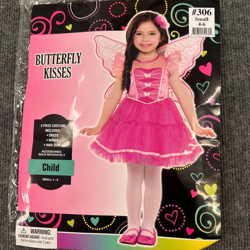 Halloween Butterfly Kisses Costume Girl Small 4-6 3pc Dress Wings Pink Modern